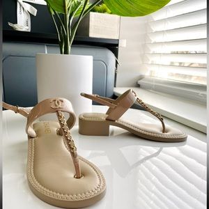 Chanel CC T Strap block heel sandal nude
